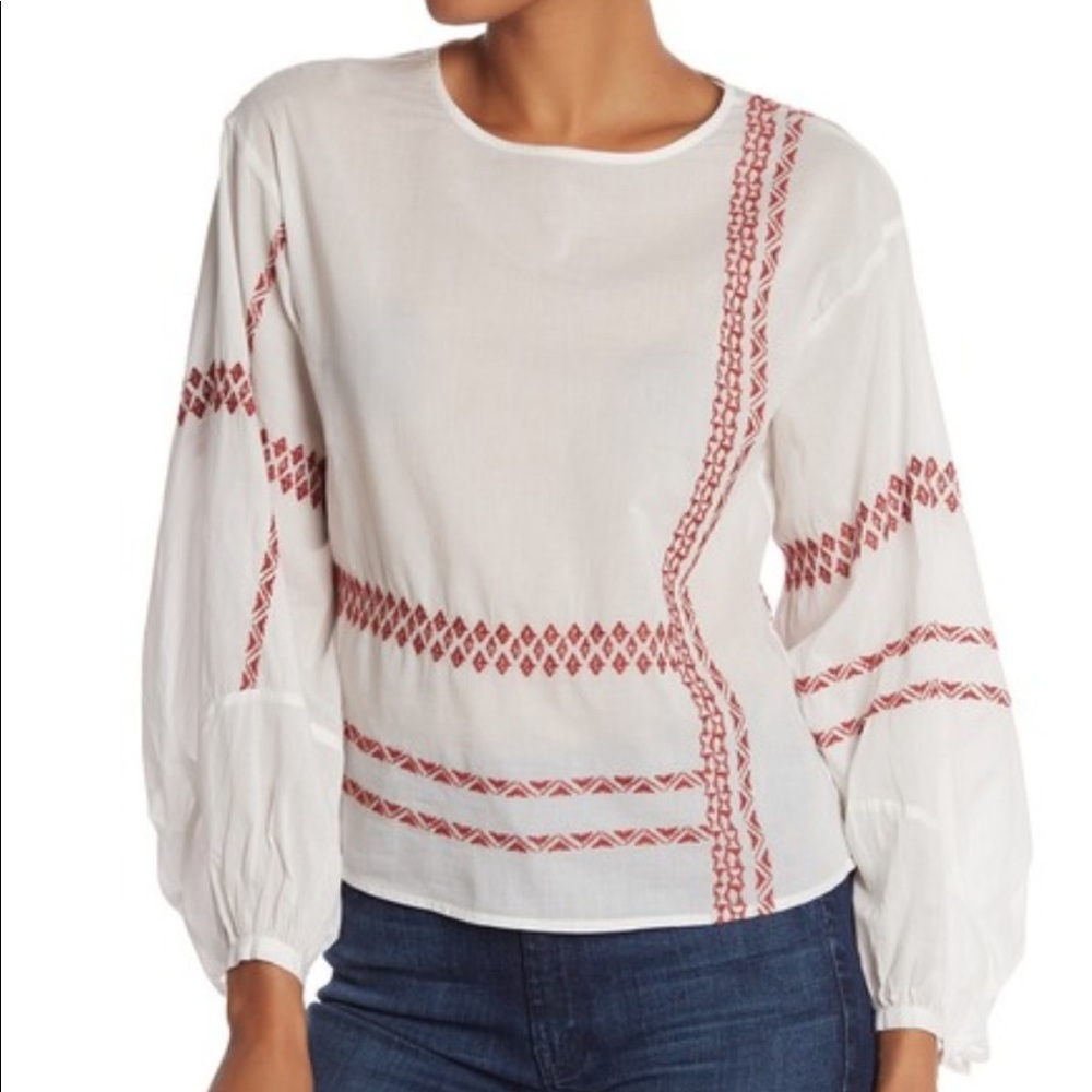 JOIE Isandro White & Red Embroidered Blouse